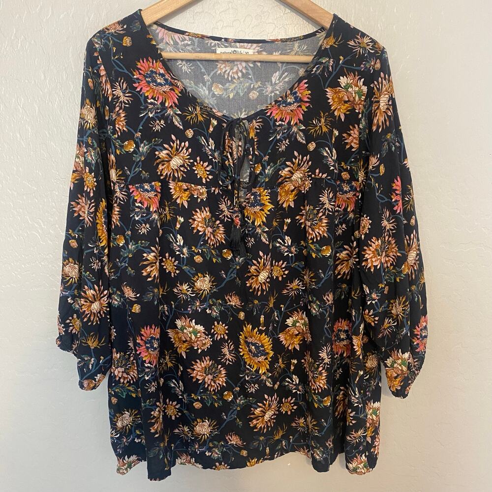 Natural Life Maribel Top Womens Sz XL Peasant Blouse Floral Boho Fall